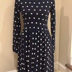Blue and White Long Sleeve Cuffed Sleeve Fit and Flare Dress